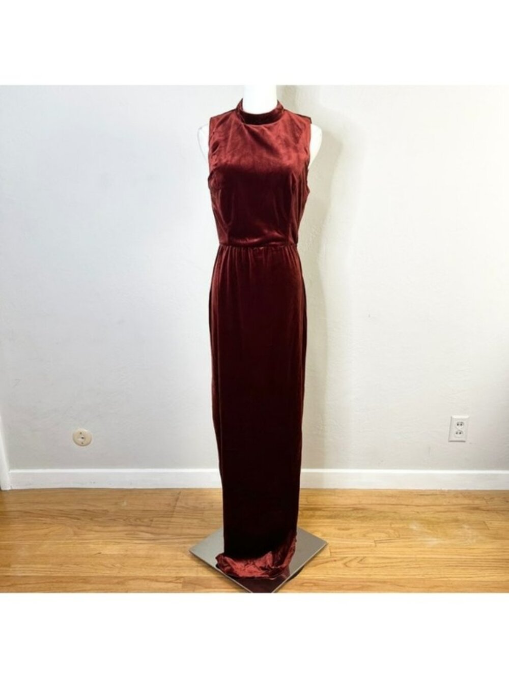 Lulus Rust Red Velvet High Neck Open Back Maxi Dress Large Sleeveless Formal